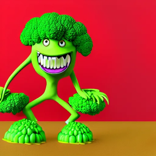 Prompt: a 3d render of a smiling happy broccoli, he is dancing, vivid colors