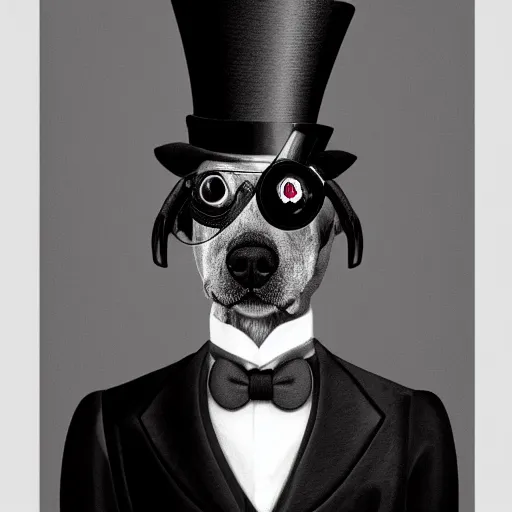 Prompt: closeup portrait of a dog wearing a suit and a top hat and a monocle on an eye, digital art, black and white