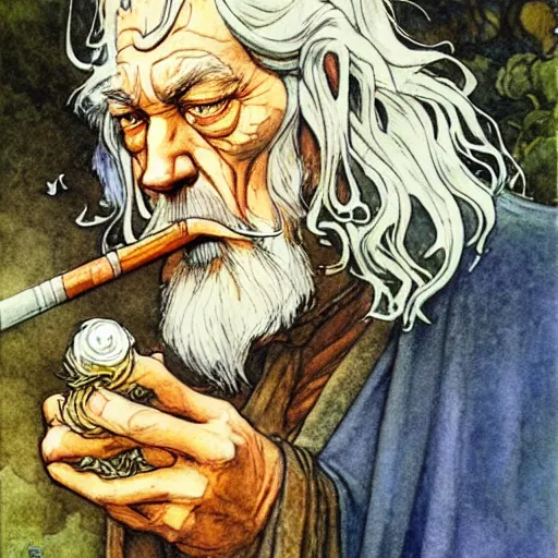 Image similar to a realistic and atmospheric watercolour fantasy character concept art portrait of gandalf with bloodshot eyes smoking a pipe looking at the camera with a pot leaf nearby by rebecca guay, michael kaluta, charles vess and jean moebius giraud