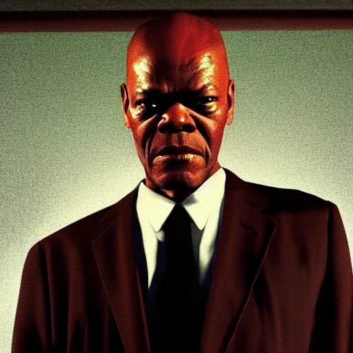Image similar to film by david lynch, twin peaks style, pulp fiction movie, highly detailed, photorealistic, full - body, samuel l jackson posing in cafe, perfect symmetrical eyes, 8 k resolution, digital art, hyper realistic