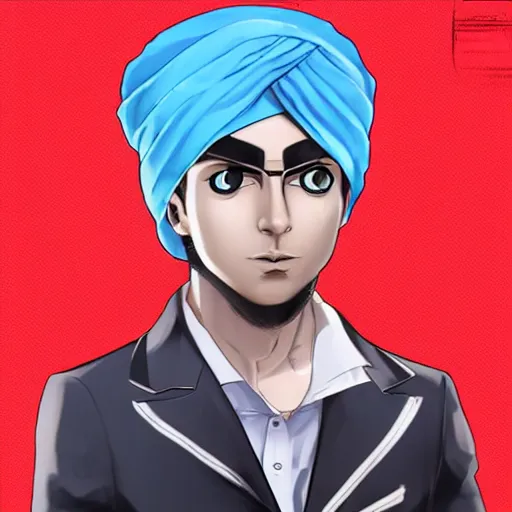 Image similar to A young man wearing a blue turban, beardless, shaven face, middle-eastern, in the style of Persona 5, Persona 5, Persona 5 artwork