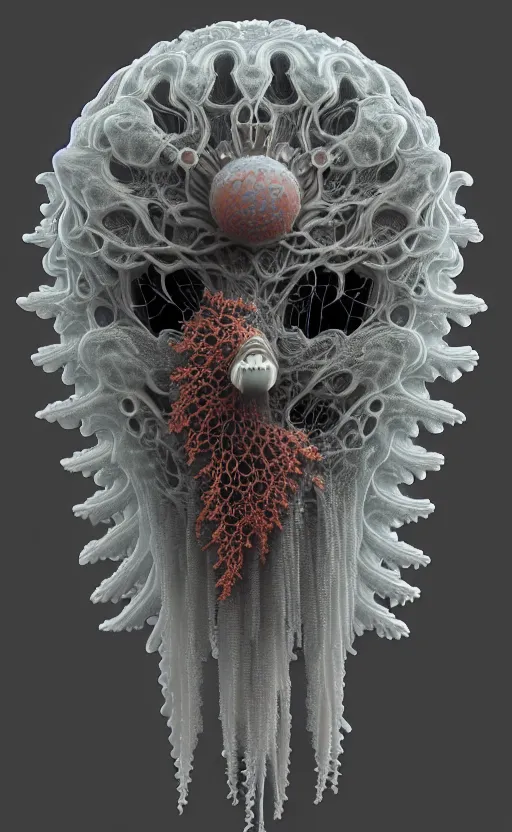 Image similar to intricate gothic porcelain mask, eagle coral, jelly fish, feathers, mandelbulb 3 d, fractal flame, octane render, cyborg, biomechanical, futuristic, by ernst haeckel