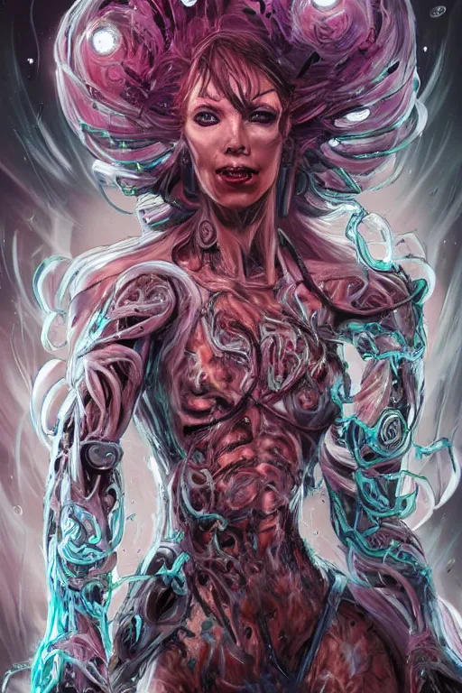 Image similar to comic art,Sprial, a beautiful female six-armed Mutant and Cyborg Sorcerer with white hair dancing in the air,melting,full character design,8k,art by Stanley Artgermm,Travis Charest,Carne Griffiths,trending on Artstation,face enhance,hyper detailed,full of colour,cinematic,dynamic lighting