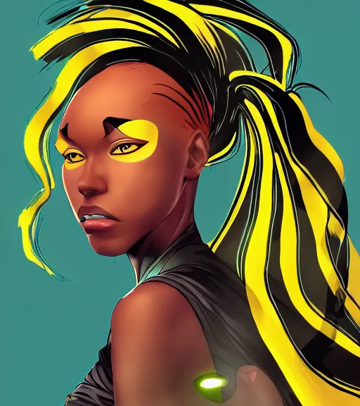 Image similar to a digital painting of a black woman with futuristic hair, side portrait, yellow highlights, a comic book panel by Craig Thompson, behance contest winner, afrofuturism, marvel comics, official art, artstation hq