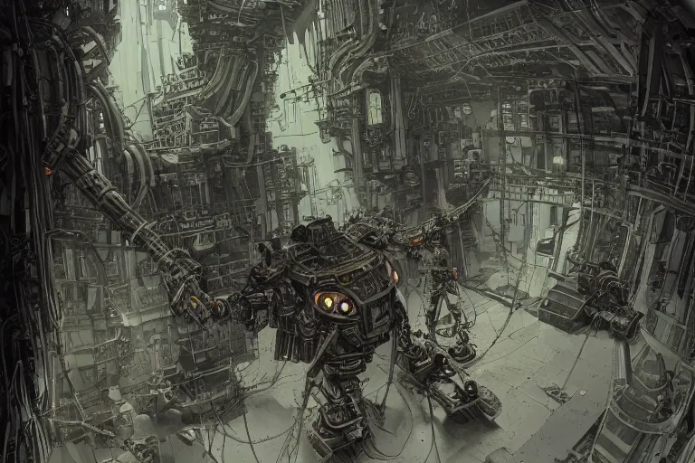 Image similar to dieselpunk mechs that look like Dragonfly, inside an gigantic underground concrete doom hangar, interior structure, drains, storm drains, jungle, vines, algea, cables, panels, walls, ceiling, floor, doors, brutalist architecture, intricate ink drawing, highly detailed in the style of Ashley Wood, moebius and Tsutomu Nihei, photorealistic, cinematic, intricate detail, well lit,