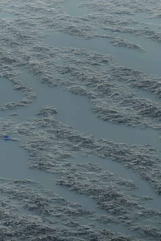 Image similar to aerial view of dense river delta and tsunami waves by hiroshi yoshida, roger deakins, turner, rothko, full height fluid simulation in houdini, distant mountain range, hyperrealism, moorland, matte painting, prometheus, trending on artstation, 8 k very hight detail, rendered in octane