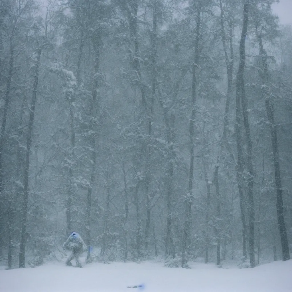 Image similar to photo, bigfoot is hiding in the background. cold color temperature, snow storm. hazy atmosphere. humidity haze. kodak ektachrome, greenish expired film, award winning, low contrast