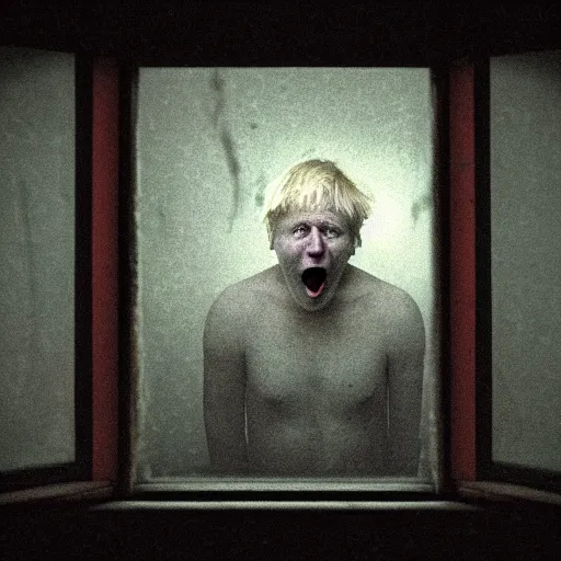 Image similar to photo of the inside of a dark old rainy bedroom window at night, dimly lit creepy | screaming face of boris johnson staring in through the window, bloody hands, horror, scary face, demonic face,