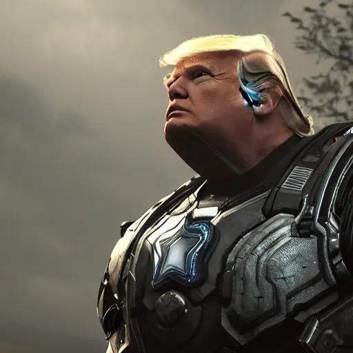 Image similar to donald trump as captain america in gears of war, splash art, maga, patriot, detailed face, movie still, cinematic lighting, dramatic, glowing, ray tracing, octane render, long lens, shallow depth of field, bokeh, anamorphic lens flare, 8 k, hyper detailed, 3 5 mm film grain