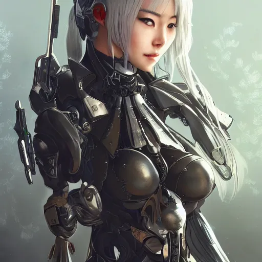 Image similar to ultra realistic illustration of cyborg song hye - kyo, warframe, intricate, nier automata, sunset, white hair, elegant, highly detailed, digital painting, artstation, concept art, smooth, sharp focus, illustration, art by artgerm and akihiko yoshida and alphonse mucha