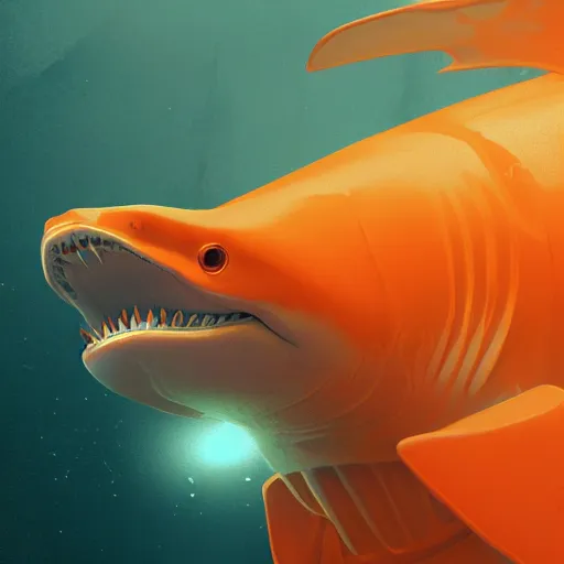 Image similar to orange and white traffic cone great white shark eyes and teeth teeth teeth teeth teeth, tyre mark, wide shot, underwater background detailed atmospheric - ron cheng & alphonse mucha, highly detailed, digital painting, ray tracing, concept art, illustration, smooth sharp focus, intricate, symmetry, artstation,