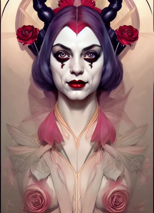 Prompt: symmetry portrait of floral harley quinn, intricate, elegant, highly detailed, digital painting, artstation, concept art, smooth, sharp focus, illustration, art by artgerm and greg rutkowski and alphonse mucha, 8 k