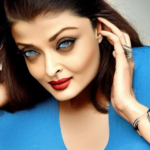 Image similar to aishwarya rai, blue tight tshirt, black extremely tight jeans, beautiful, award winning photography, extremely detailed, hyperrealistic, 4 k, real detailed face