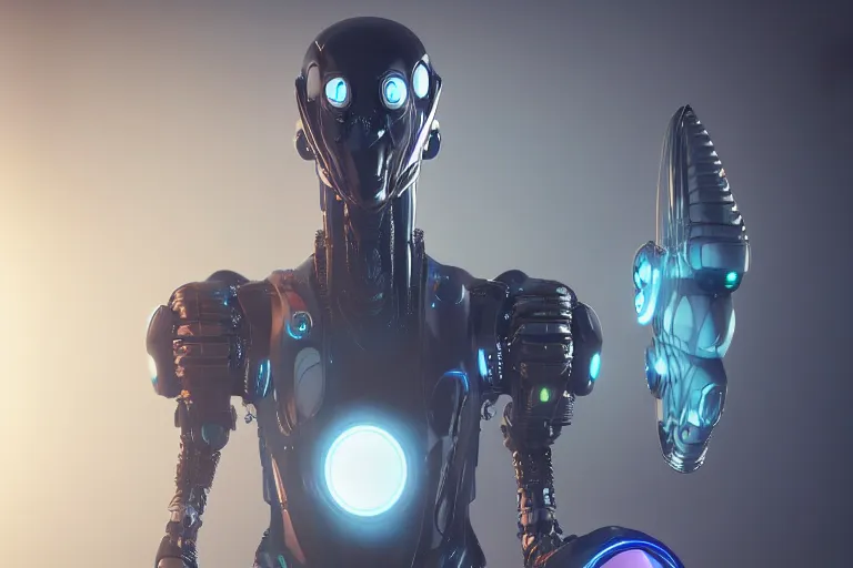 Image similar to cyberpunk alien concept inspired robot, futuristic look, highly detailed body, very powerful, photorealistic camera shot, bright studio setting, studio lighting, crisp quality and light reflections, unreal engine 5 quality render