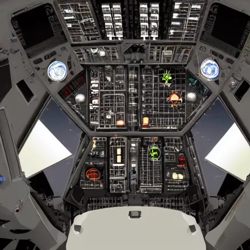 Prompt: a single seat starfighter jet cockpit interior with glowing panels and buttons