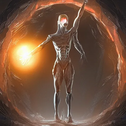 Image similar to An ultra detailed digital illustration of a figure standing infront of a portal. Inside the portal two enormous hands emerge, art by robbie trevino, trending on artstation, epic scale, epic composition,