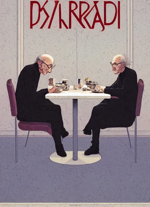 Image similar to poster artwork by Michael Whelan and Tomer Hanuka, Karol Bak of Larry David!!!!!! sitting alone in an empty diner at night, no one around, deserted, from scene from Twin Peaks, clean, simple illustration, nostalgic, domestic, full of details