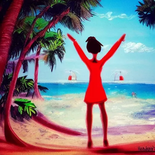 Image similar to a beautiful girl open a portal to the beach, cartoon style