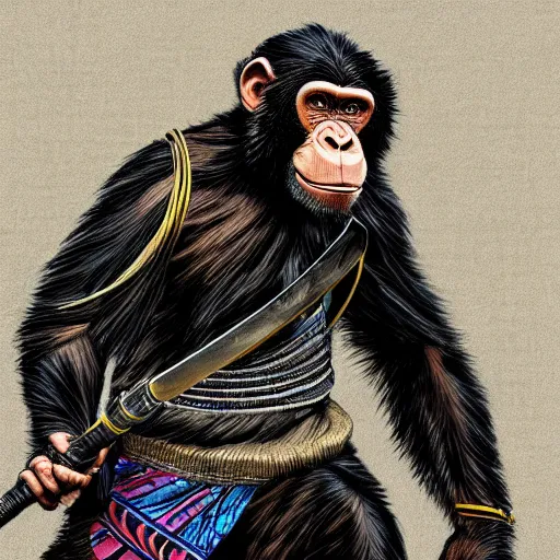 Prompt: An bipedal chimp dressed like a samurai, wielding a sword, intricate, elegant, highly detailed, smooth, sharp focus, detailed face, colourful, high contrast, graphic novel, art by Michael Choi,