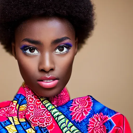 Prompt: upper - body portrait of a beautiful young african - asian model, wearing a kimono with african print. zeiss 1 5 0 mm f 2. 8 hasselblad, award - winning photo.