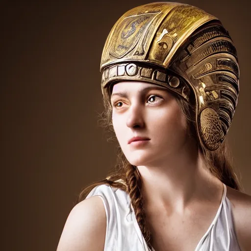 Image similar to a beautiful medium shot of athena the ancien greek goddess as a beautiful model looking of into the distance, wearing an antique athenian warrior helmet on her head, wearing an ancien greek white tunic with bleu patterns, beautiful natural backlit light failing on her face, golden hour, by annie leibowitz