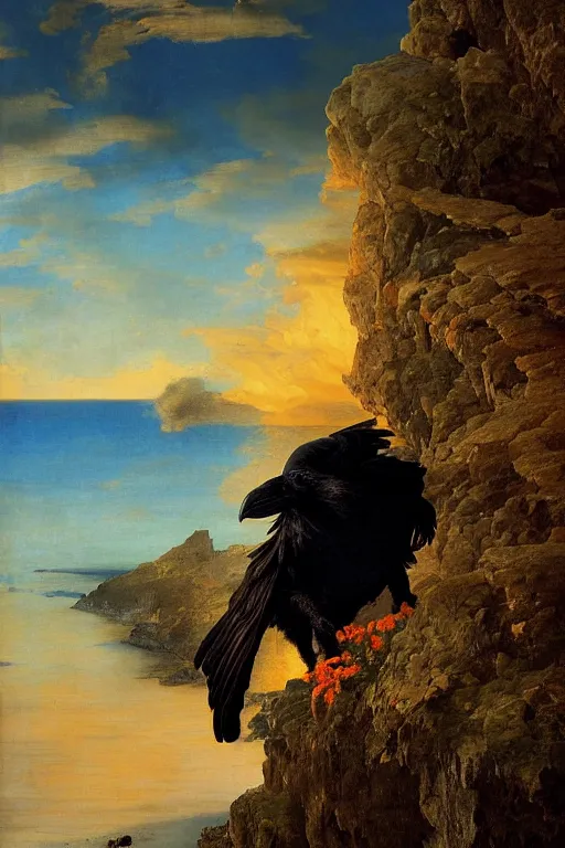 Image similar to a breathtakingly stunningly beautifully highly detailed extreme close up portrait of a majestic raven, a rock arch overhead framing top of shot, epic coves crashing waves plants, beautiful clear harmonious composition, dynamically shot, wonderful strikingly vivid orange beautiful dynamic sunset with epic clouds, detailed organic textures, by frederic leighton and rosetti and turner and eugene von guerard, 4 k