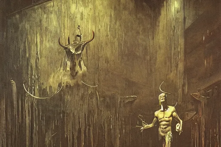 Prompt: a minotaur in a nightclub, by giger and beksinski