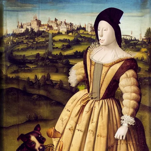 Image similar to a dog in a dress during the Renaissance