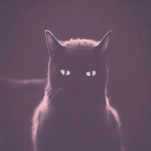 Image similar to black cloudy shadow in a cat shape, cuddly fur, blurry, mystical, misty, dreamy, shadow polaroid photo