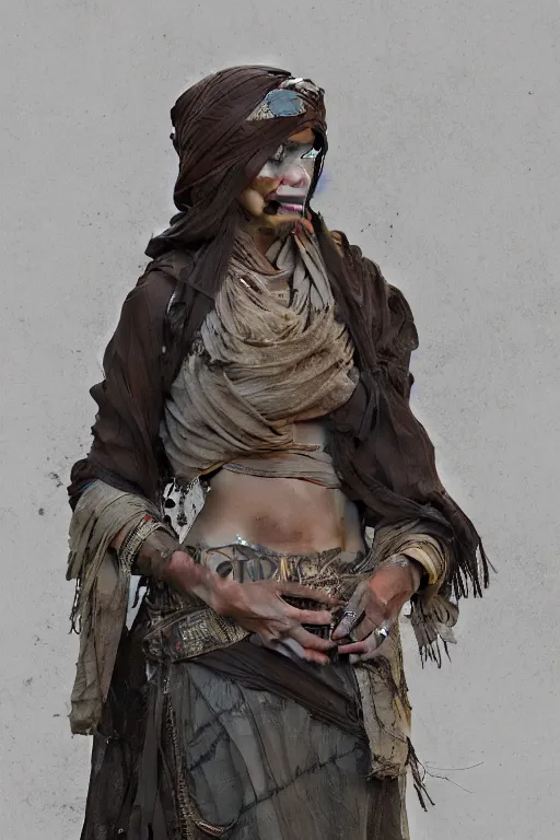 Image similar to a full body portrait of a beautiful post apocalyptic offworld desert bedouin blind beggar by the road, intricate, elegant, highly detailed, digital painting, artstation, concept art, smooth, sharp focus, illustration, art by krenz cushart and artem demura and alphonse mucha