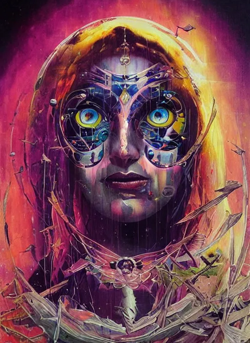 Image similar to enlightened cult psychic woman, symmetrical painted face, third eye, energetic consciousness psychedelic scene, epic surrealism expressionism symbolism, story telling, iconic, dark robed, oil painting, dark myth mythos, by Sandra Chevrier , Bruce Pennington, masterpiece