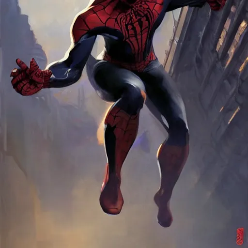 Image similar to greg manchess portrait painting of a dark venomous iron spiderman as overwatch character, medium shot, asymmetrical, profile picture, organic painting, sunny day, matte painting, bold shapes, hard edges, street art, trending on artstation, by huang guangjian, gil elvgren, ruan jia, greg rutkowski, gaston bussiere