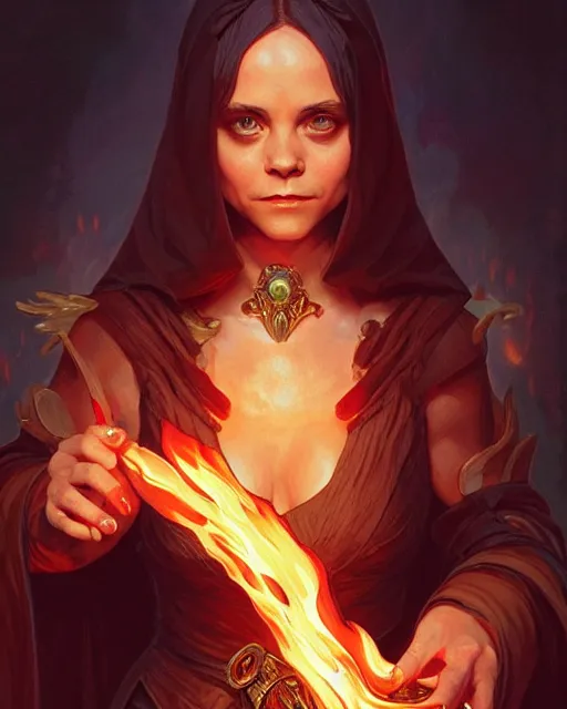 Image similar to Christina Ricci (2000) casting a fire spell, D&D, fantasy, intricate, elegant, highly detailed, digital painting, artstation, concept art, matte, sharp focus, illustration, hearthstone, art by Artgerm and Greg Rutkowski and Alphonse Mucha