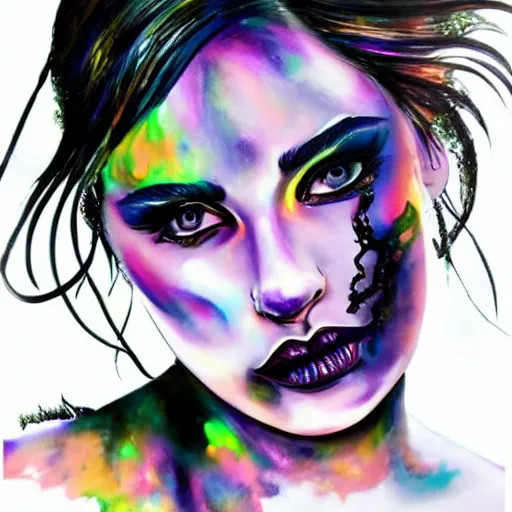 Prompt: liquid marble acrylic fluid paint, black ink, iridescent colours, beautiful female face