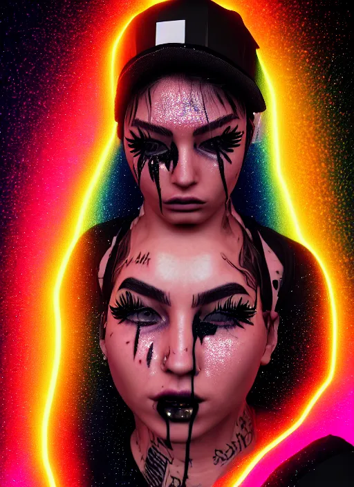 Image similar to digital painting of a streetwear woman wearing thick mascara, crying, a city burns in the background, police lights, distress, tattoos, dark glitter, Cinestill 50d, 4k, 8k, hd, full color, octane render, trending on artstation, highly detailed