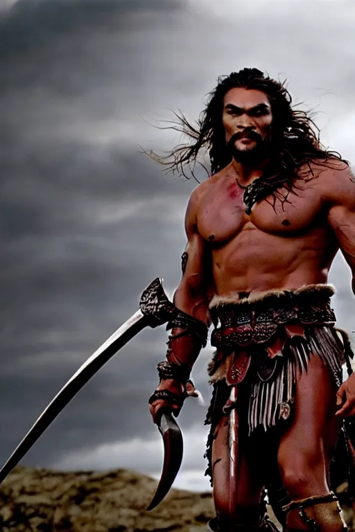 Image similar to film still from conan the barbarian, jason momoa as conan, wearing royal crimson fantasy ornate spartan dragon scale armor, volumetric lighting, wet skin and windblown hair, muscular!!!, battle action pose, ridley scott, high contrast