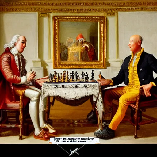 Image similar to jeff bezos with robin wiiliams playing chess looking wise, rococo oil painting, highly detailed