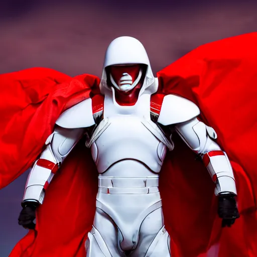 Prompt: portrait of a tall athletic muscular infantry man in glossy sleek white armor with tiny red details and a long red cape, heroic posture, on the surface of mars, night time, dramatic lighting, cinematic, sci-fi, hyperrealistic, movie still