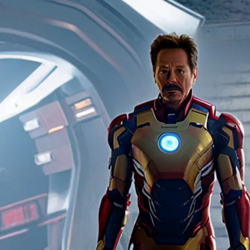 Image similar to film still of Kevin Bacon as Tony Stark in Ironman armor without the head piece in the new Avengers movie