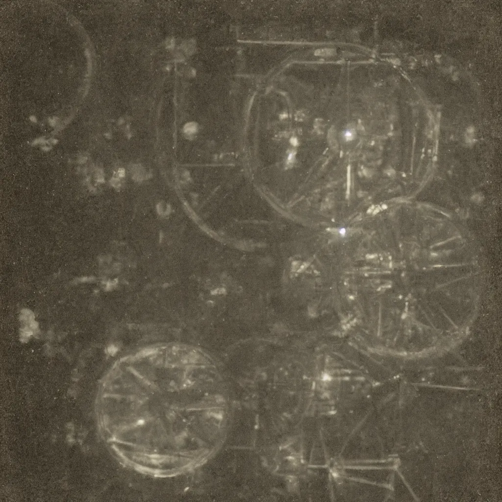 Prompt: grainy 1800s daguerreotype of a mechanical holographic shining portal to another dimension