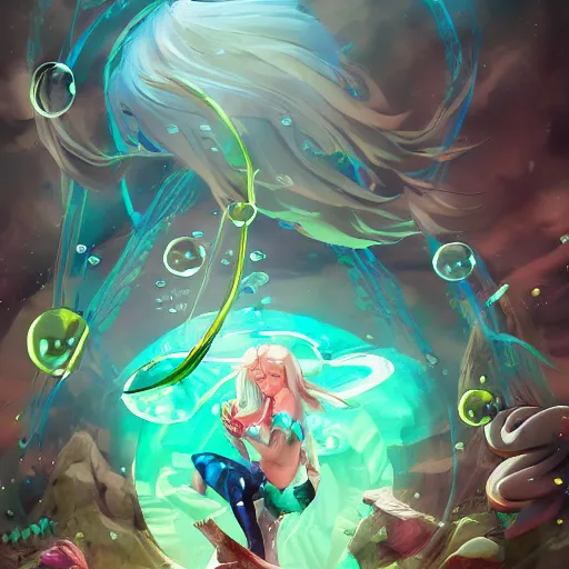 Prompt: female water mage, high quality character design, action pose : : spotlight, magical, seapunk, seaweed, bubbles, high detail, 1 6 k, oled, shadows, reflections, by rossdraws