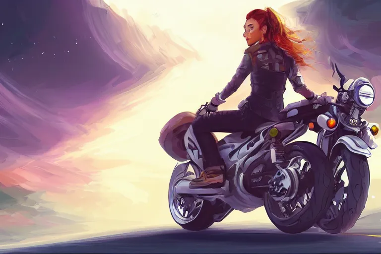 Image similar to a girl is riding a motorbike, digital painting, artstation, the space background,concept art, illustration,