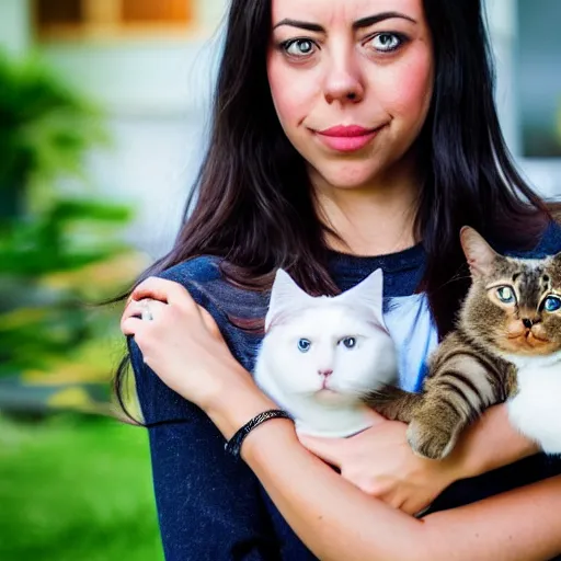 Prompt: a girl that slightly looks like aubrey plaza, with long dark hair holding a cat in her arms, a stock photo by juan villafuerte, pexels contest winner, high quality photo, rtx, hd, shiny eyes, rasquache