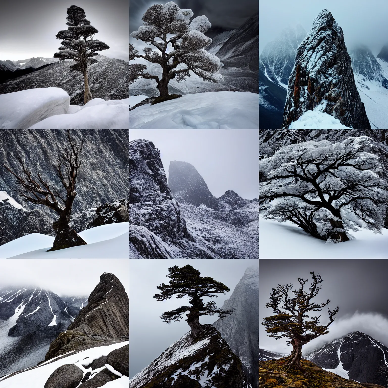 Prompt: rocky, icy, snow - capped, windy, majestic, myriad, sheer, sloped, sharp, craggy, imposing, endless, mysterious, gloomy, isolated, tranquil, rugged, vertigo - inducing, immense, foreboding tree