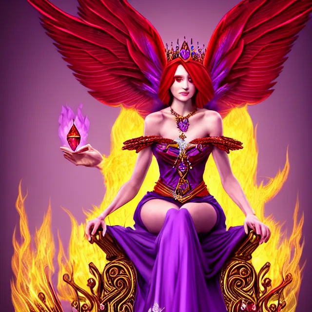 Image similar to Princess sorceress with red flaming bird wings on her back and sitting on an ornate throne dressed in a fancy long purple dress, beautiful realistic symmetrical defined face, grinning, Fantasy, Full Portrait, High detail, realistic, planeswalker