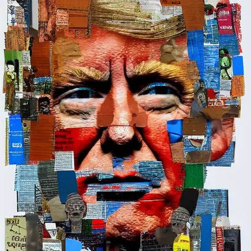 Image similar to a portrait of donald trump constructed from trash, collage, 🗑, trash, drop shadow,, layered composition, layers, texture, mcu, highly textured, layered, sculpted, dynamic,