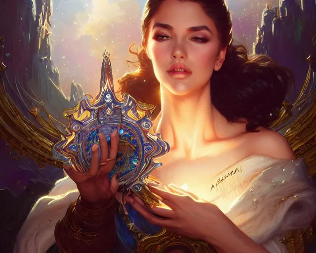 Image similar to miss universe, 8 k, deep focus, d & d, fantasy, intricate, elegant, highly detailed, digital painting, artstation, concept art, matte, sharp focus, illustration, hearthstone, art by artgerm and greg rutkowski and alphonse mucha