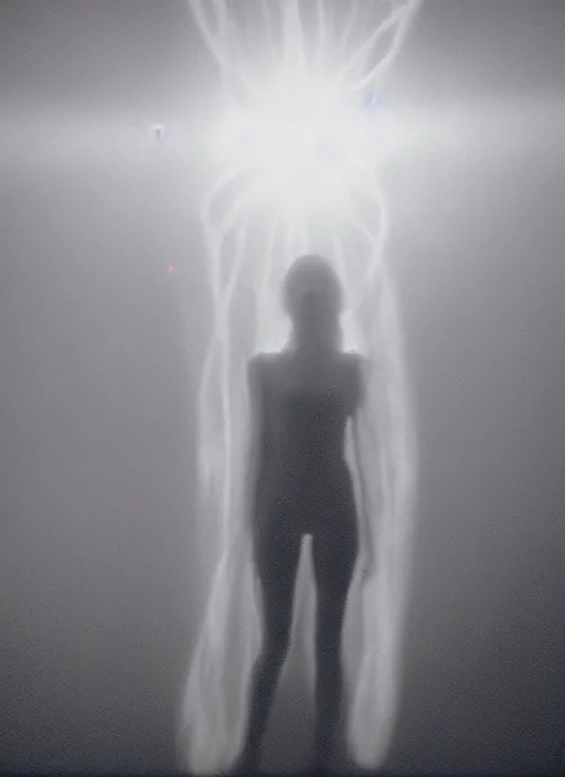 Image similar to a symmetrical female astral projection, liquid glowing aura, out of body experience, heavenly, film grain, cinematic lighting, experimental film, shot on 1 6 mm