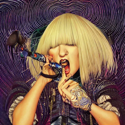 Image similar to portrait of crazy screaming beautiful singer sia kate isobelle furler, big ribbon, ymmetrical, by yoichi hatakenaka, masamune shirow, josan gonzales and dan mumford, ayami kojima, takato yamamoto, barclay shaw, karol bak, yukito kishiro