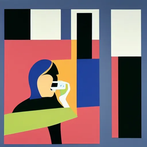 Prompt: portrait of a person on the phone, abstract painting in the style of Sophie Taeuber-Arp and Gary Hume and Tatsuro Kiuchi, flat colour-block style, geometric abstraction, dark colours